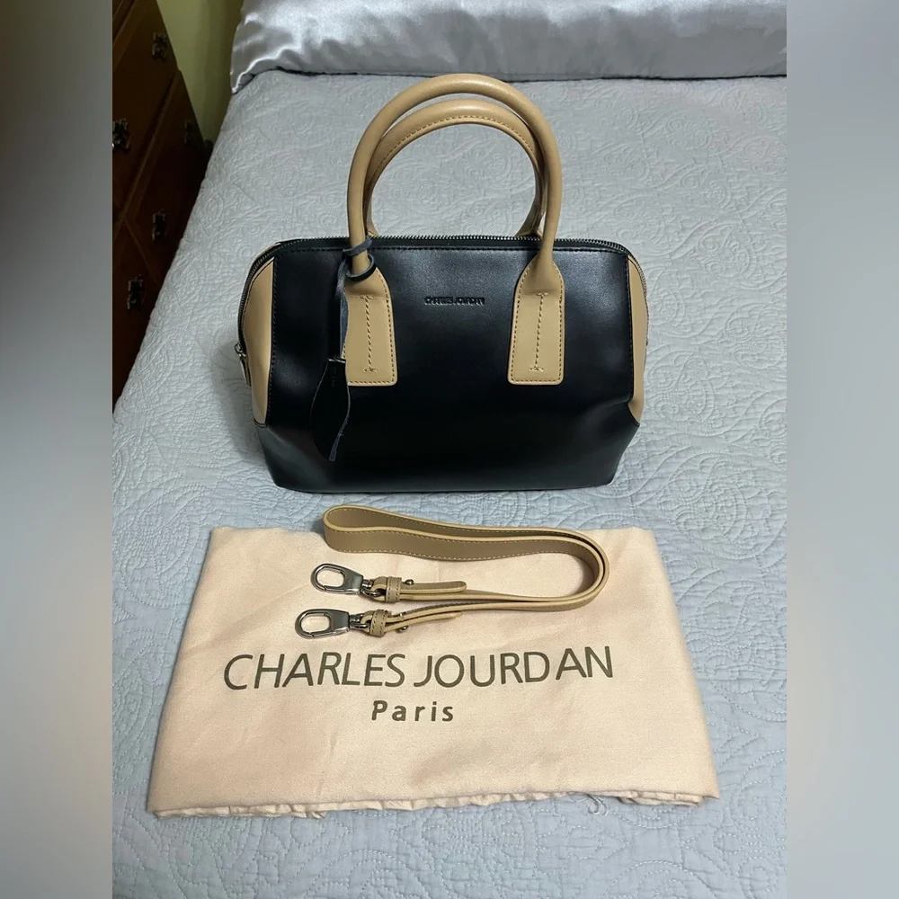 CHARLES JOURDAN PARIS NWT Black and Tan Leather Dome Satchel never carried - Picture 2 of 16